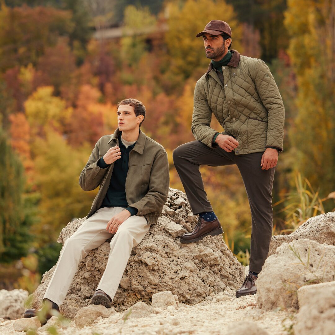 Contenuto social collezione FW25/26 Luigi Fusaro - due modelli in abbigliamento outdoor autunnale